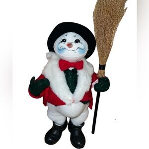 Vintage ANNALEE 16” Snowman with Broom 16” Standing, Hand Painted Face, 2004